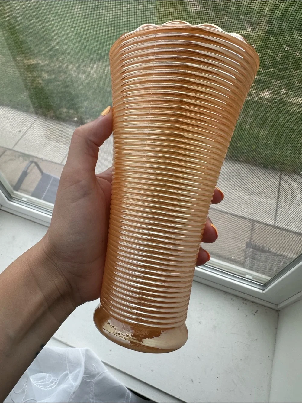 Fire King Anchor Hocking Peach Marigold Thin Ribbed Iridescent Luster Vase 7”